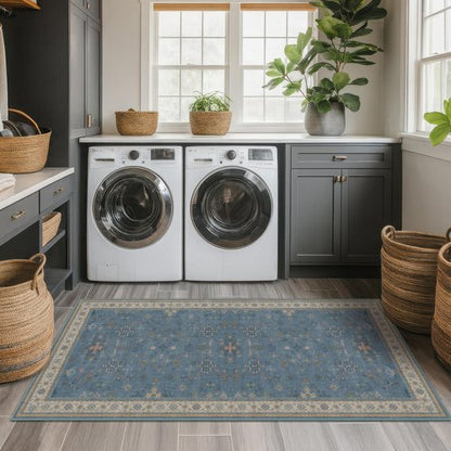 Hazo Haus Boho 2x5 Kitchen Rugs Non Slip - Washable Blue Runner Rug for Bedroom Beside Bed, Laundry Room, Hallway, Non Slip with Rubber Backing, Floral Eclectic Unique Runner Décor
