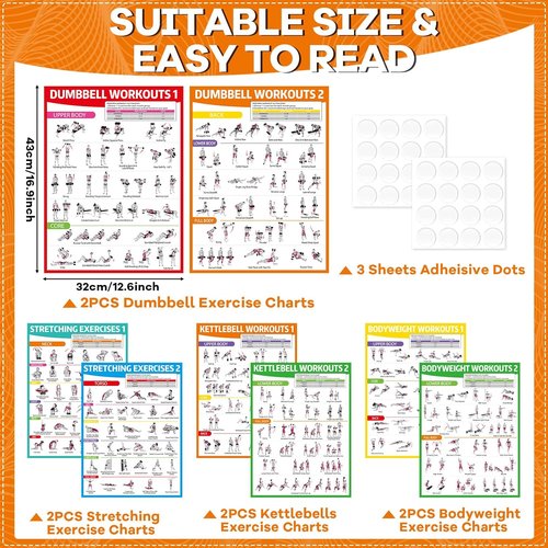 Gisgfim 8PCS Workout Posters | Full Body Exercise Charts for Home Gym - Laminated Dumbbell & Kettlebell Training Decor