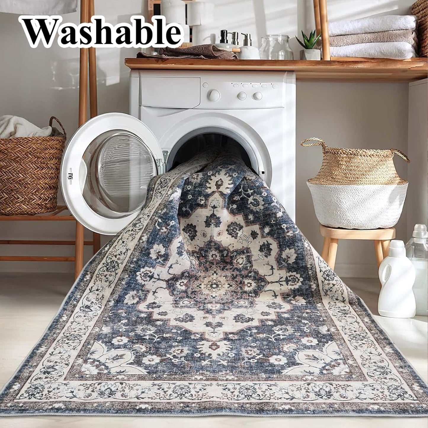 Skiennix Washable 3x12 Hallway Runner Rug - Non-Slip Floral Design | Stain Resistant Low Pile Mat (Blue)