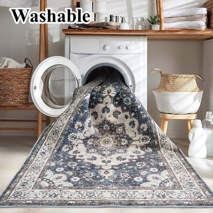 Hallway 2x6 Washable Runner Rug - Vintage Low Pile Blue Oriental Carpet with Non-Slip Backing