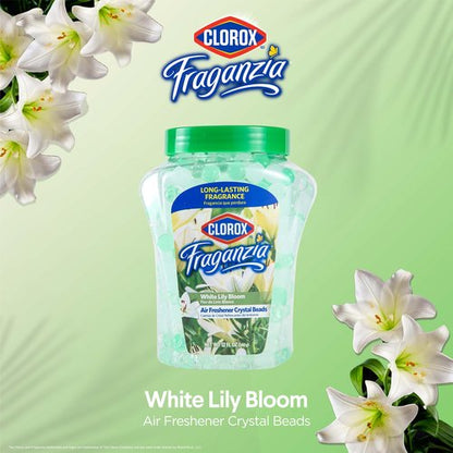 Clorox Fraganzia Crystal Beads Air Freshener, Long Lasting Room Deodorizer and Odor Eliminator Gel Beads to Freshen Home, Car, or Office, White Lily Bloom Scent, 12 Fl Oz