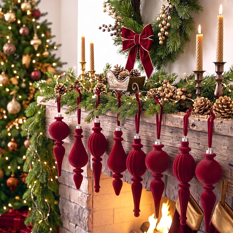 Jetec 12 Pcs Red Velvet Christmas Ornaments with 3 Styles – Flocked Holiday Tree Decorations, Burgundy