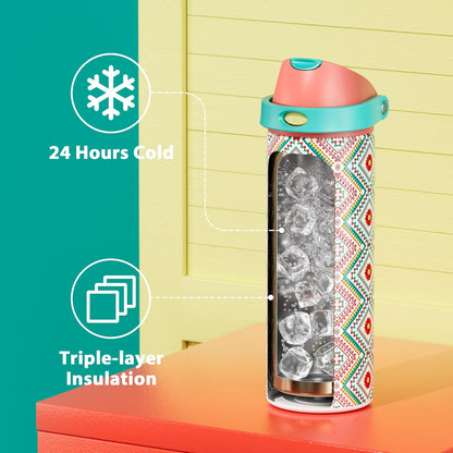 Meoky Stainless Steel Insulated Water Bottle - 24 oz, Leak Proof, 2-in-1 Lid, BPA-Free, Prism Folk