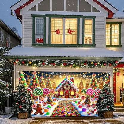 Nuxovilar Christmas Garage Door Cover 6x13 Ft - Polyester, Reinforced Grommets, Double-Sided Graphics, Variation hd05159