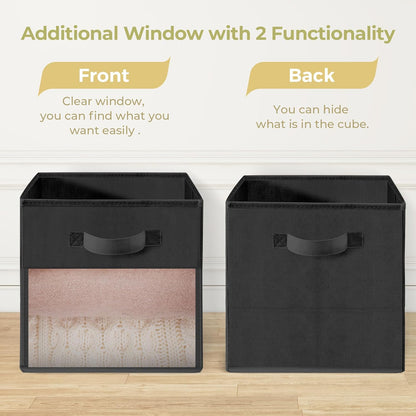 Storage Bins - 11x11 Collapsible Fabric Cubes with Clear Window & Handles | 12-Pack Black Closet Organizers