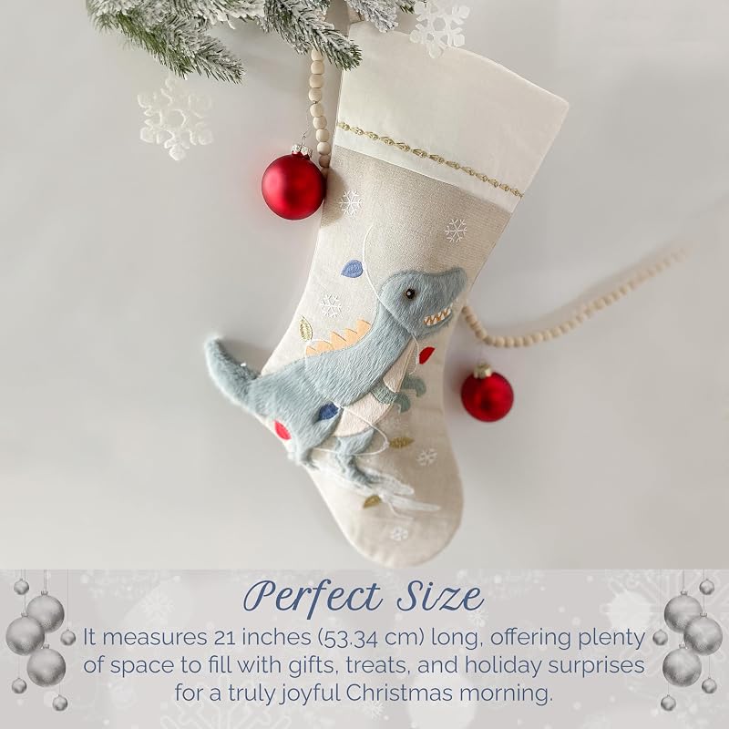 Dino Festive Christmas Stocking 21-Inch Linen Mantel Decor - Mon Ami Dino Variation
