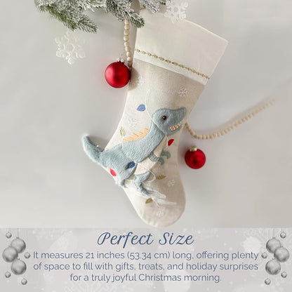 Dino Festive Christmas Stocking 21-Inch Linen Mantel Decor - Mon Ami Dino Variation