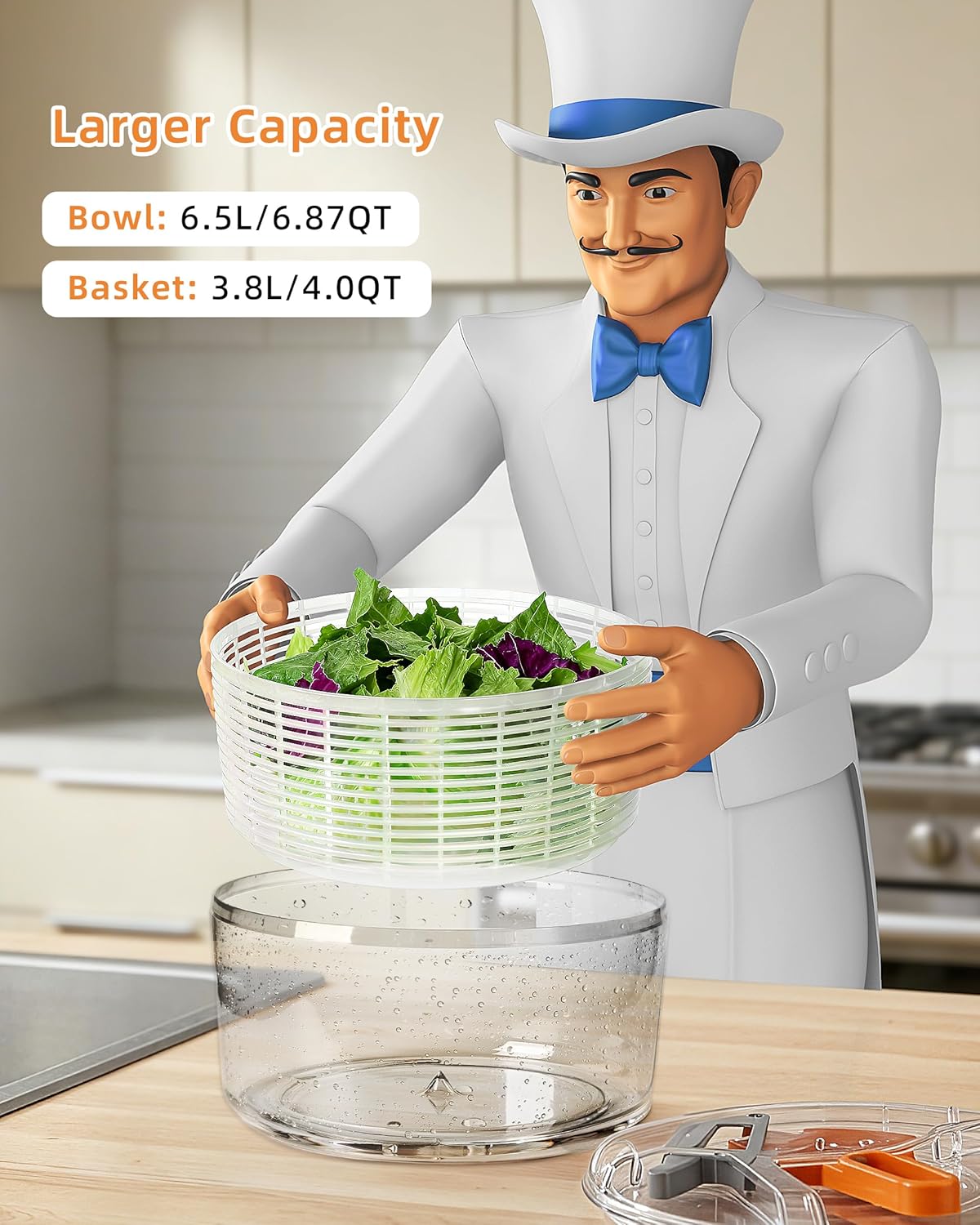 MR.SIGA Large Salad Spinner - Efficient Fruit Washing Bowl with Strainer for Greens & Vegetables