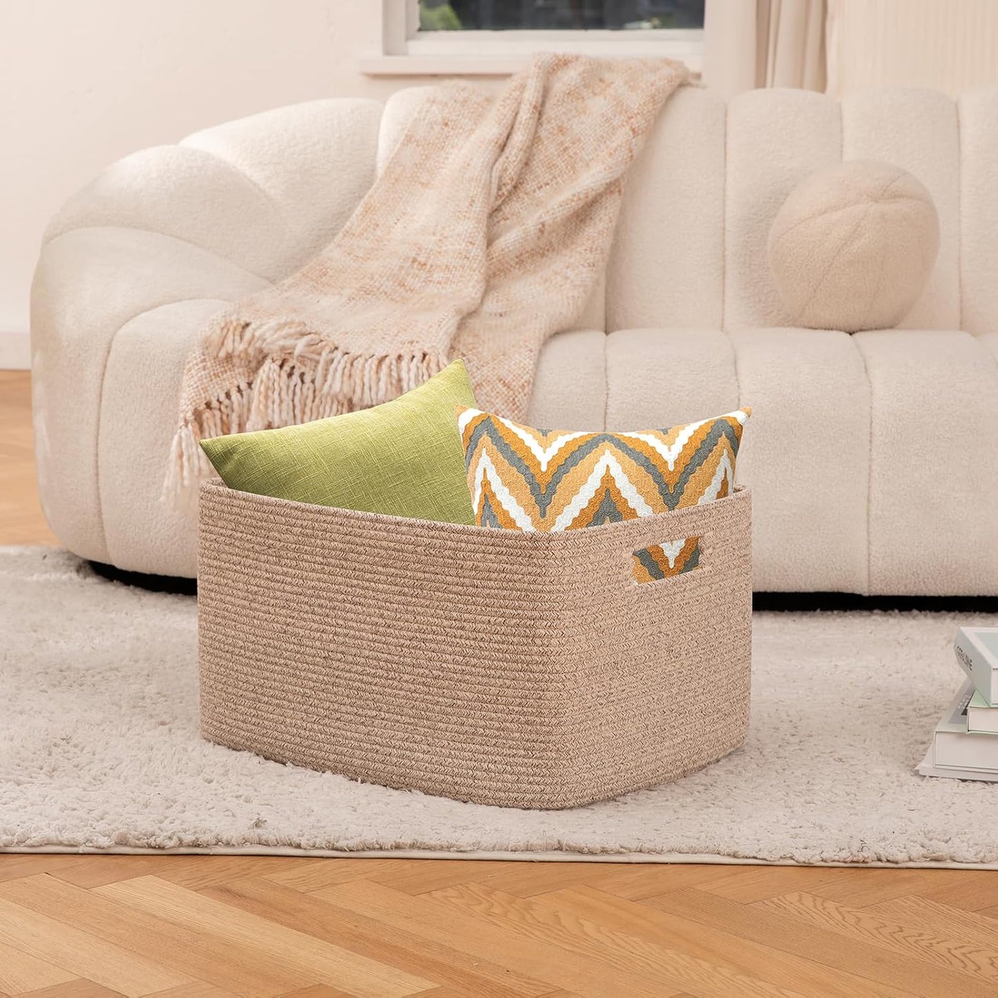 OIAHOMY 75L Large Woven Cotton Rope Storage Basket - Stylish Organizer for Blankets & Toys | Brown Variegated 22”x17”x12”