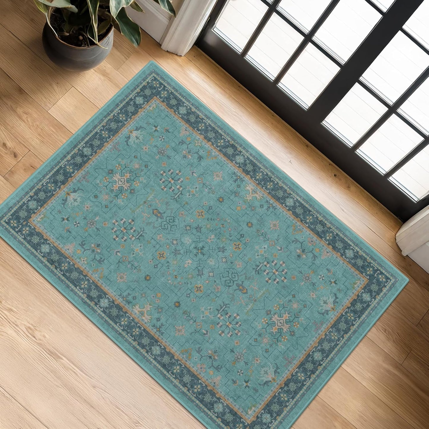 Skiennix 2x4 Washable Teal Throw Rug - Non-Slip Boho Floral Carpet for Entryway & Bathroom