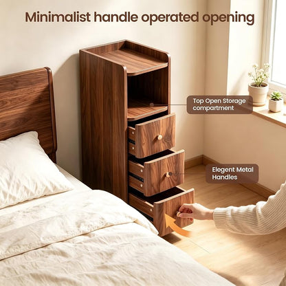 Walnut 3-Drawer Tall Nightstand - 27.56"H Narrow Bedside Storage, 7.87"W, 15.75"D