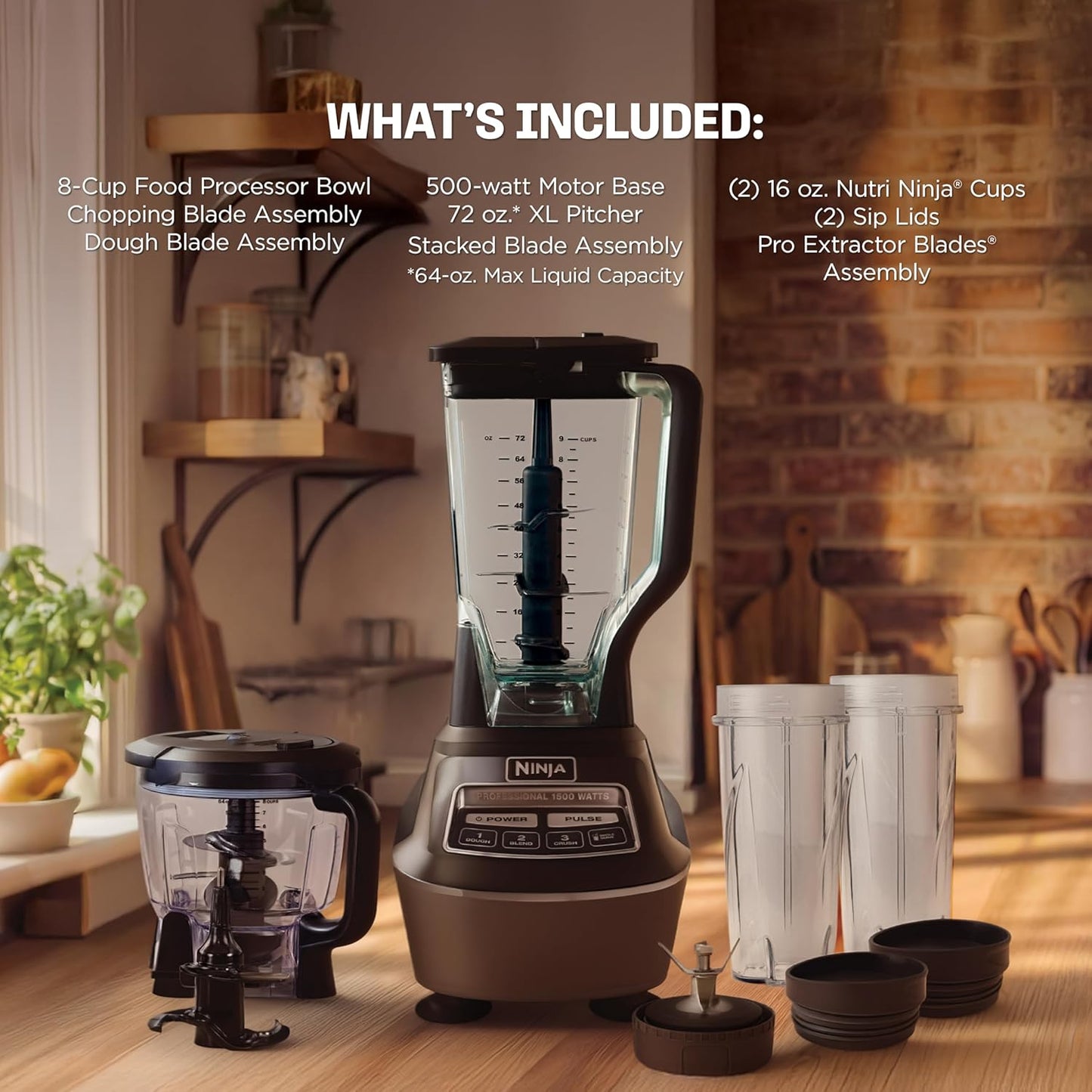 Ninja Kitchen System Food Processor & Blender - 1500W All-in-One for Smoothies, Salsa & More | Black | Includes Pitcher & To-Go Cups