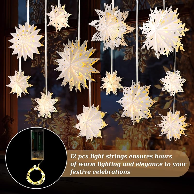 12pcs Christmas Snowflake Paper Lanterns with LED Lights - White