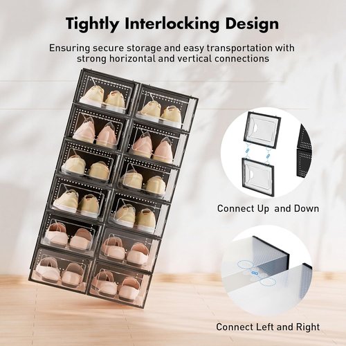 Foluck Shoe Storage Box - 15 Pack Clear Plastic Stackable Organizer | Interlocking Design for Sneakers, Black