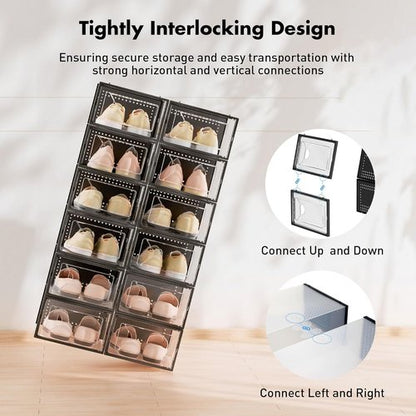 Foluck Shoe Storage Box - 15 Pack Clear Plastic Stackable Organizer | Interlocking Design for Sneakers, Black