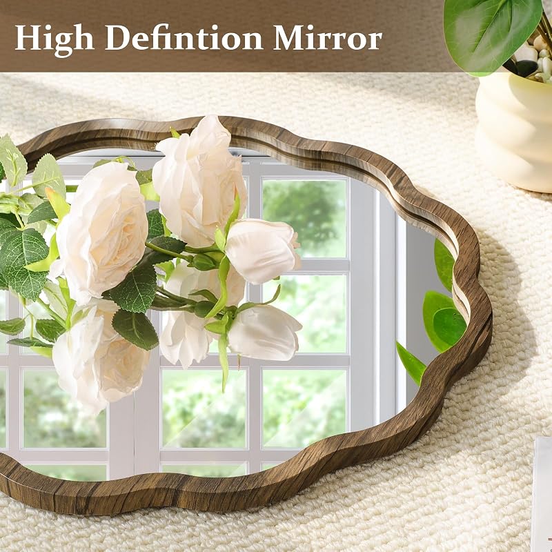 Circle Wall Mirror with Wavy Tan Wood Frame 16" – JJUUYOU Viantge