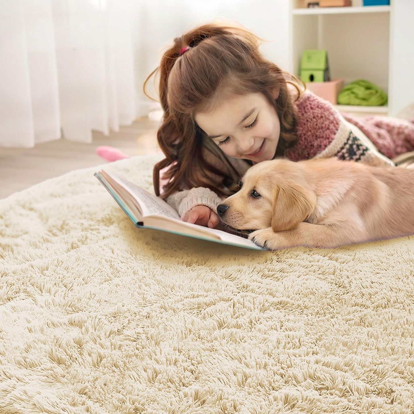 OLANLY Cream Round Area Rug - Soft, Fluffy, Machine Washable 8 ft Circle Carpet for Bedroom & Living Room
