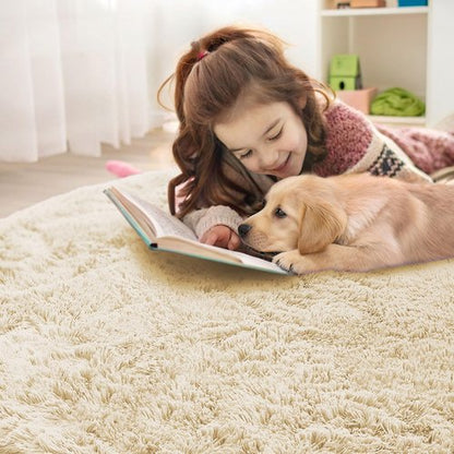 OLANLY Cream Round Rugs for Bedroom - Machine Washable, 6 ft Circle Area Rugs for Living Room, Soft and Fluffy Shaggy Carpet for Teen Girl and Boys, Nursery Rooms, Dorms, Home Decor Aesthetic