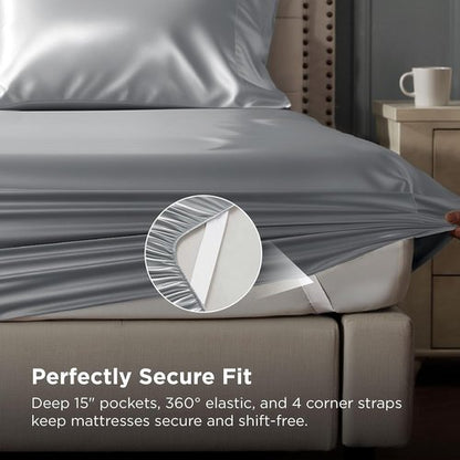 Bedsure Satin Sheets - 4-Piece Queen Size Silky Bedding Set with Deep Pocket & Elastic Straps | Silver Grey