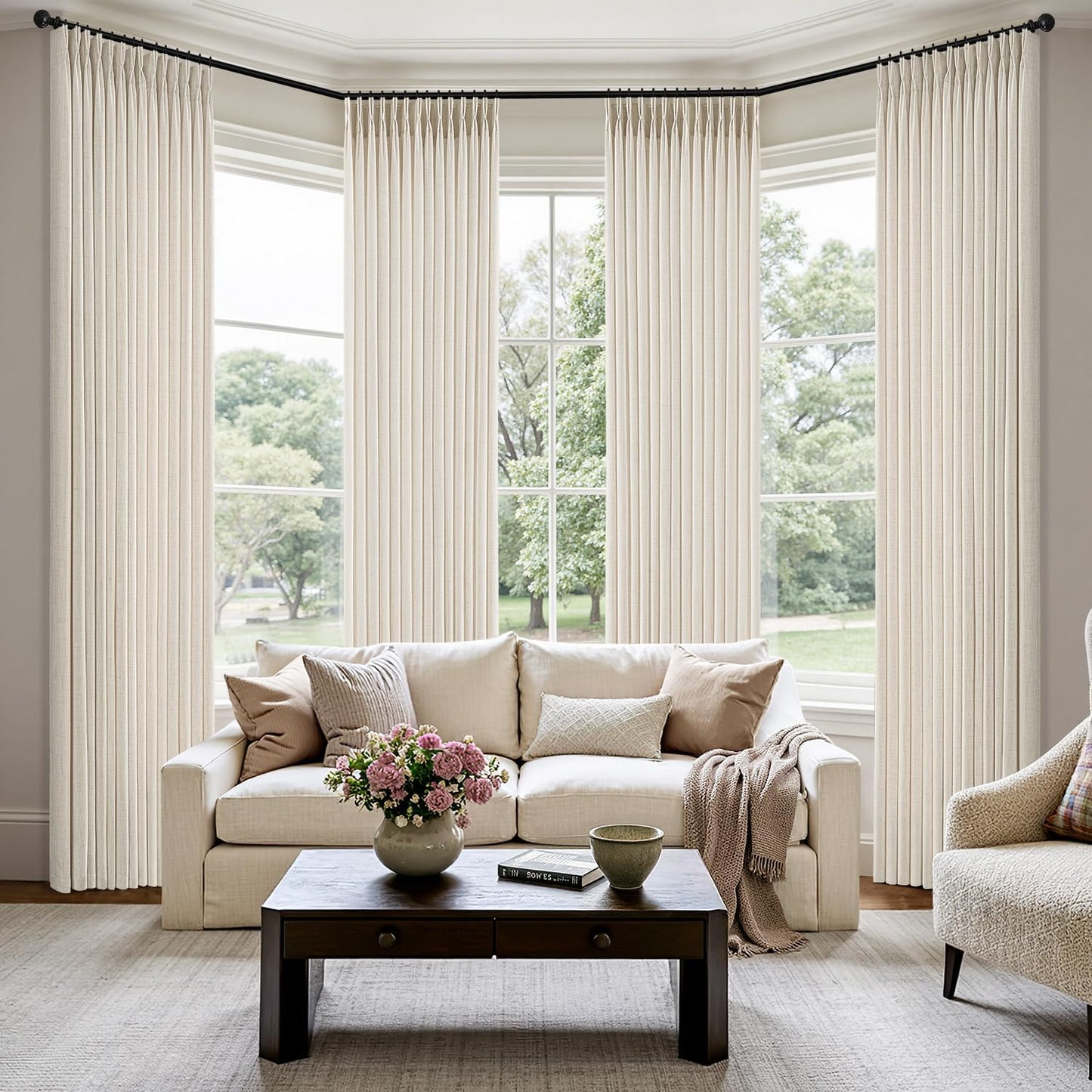 MIULEE Pinch Pleated Linen Curtains - 90-Inch Ivory Cream Semi-Sheer Drapes | 4 Panels for Privacy