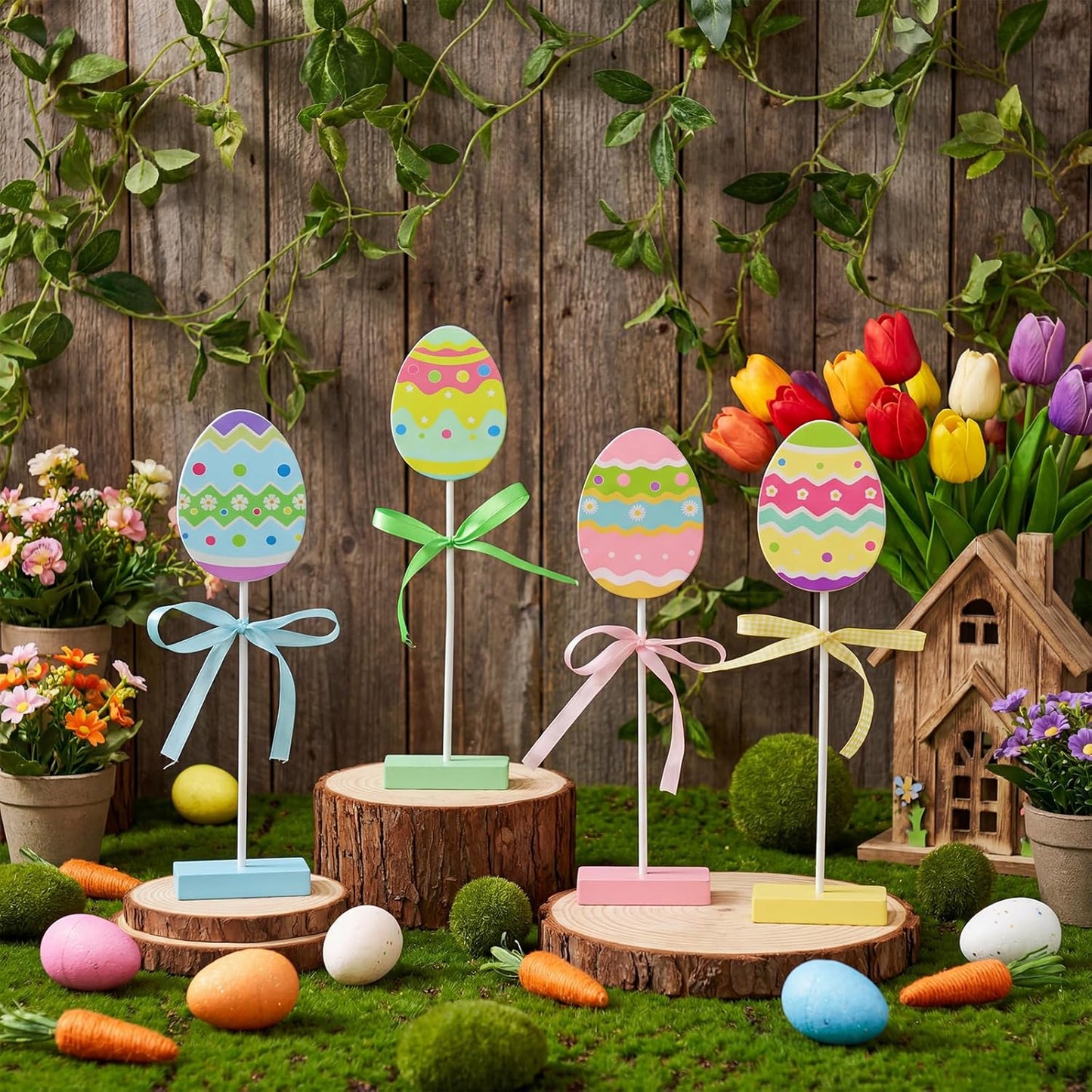 Wooden Bunny & Egg Peeps Signs by Easter Decor | 8 PCS with Hemp Rope Ribbon for Home Decor