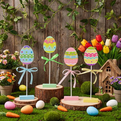 Wooden Bunny & Egg Peeps Signs by Easter Decor | 8 PCS with Hemp Rope Ribbon for Home Decor