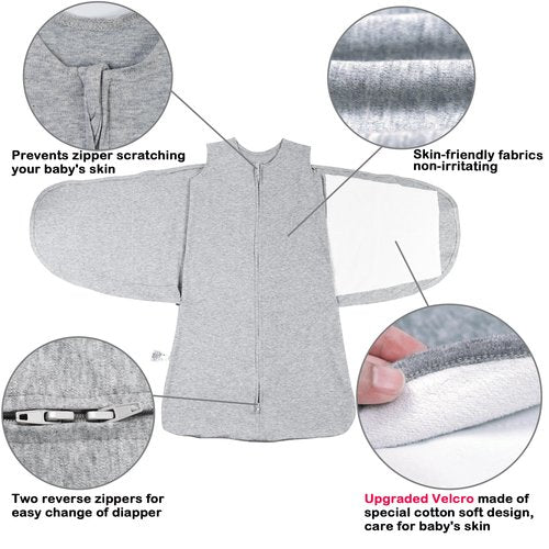 AugTwig Baby Sleep sack Swaddle 2 Pack,Swaddles 3-6 Months,3-Way Adjustable Wearable Transition Blanket 100% Organic Cotton,12-18 lbs,1.0 TOG(Blue&Grey)
