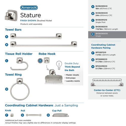 Amerock BH36090G10 | Brushed Nickel Single Robe Hook | 2-1/4 in. (57 mm) Length Towel Holder | Stature | Towel Hook for Bathroom | Bathroom Hardware | Bath Accessories