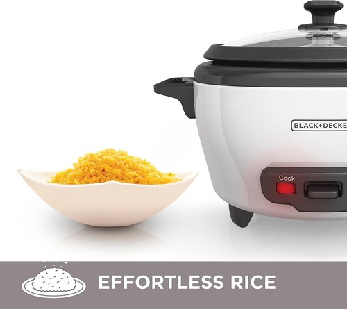 BLACK+DECKER 6-Cup Rice Cooker - Removable Non-Stick Bowl & Steaming Basket, White Finish