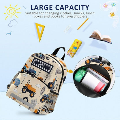 Custom Boys Backpack with Personalized Name - Cute Tractors Beige Schoolbag (Variation: Cute Tractors Beige)