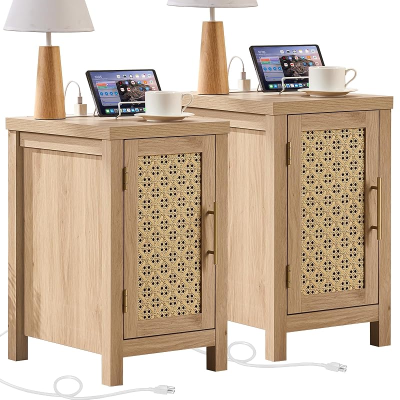 Rattan Nightstand Set of 2 with Charging Station — Natural Wood + Variation of THIS listing