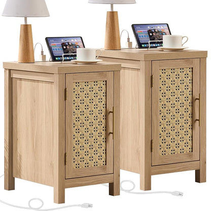 Rattan Nightstand Set of 2 with Charging Station — Natural Wood + Variation of THIS listing
