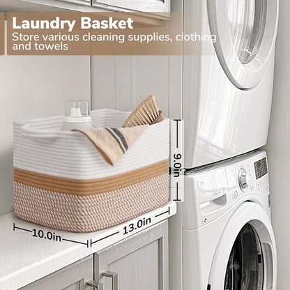 Goodpick Woven Storage Baskets - Cotton Rope Organizers for Home Decor | 13"x10"x9" Rectangle Baskets in White & Camel Mix