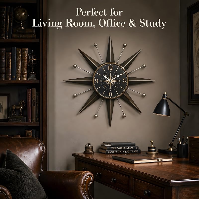 Mid-Century Starburst Wall Clock - 23.4-Inch Bronze & Silver Trim