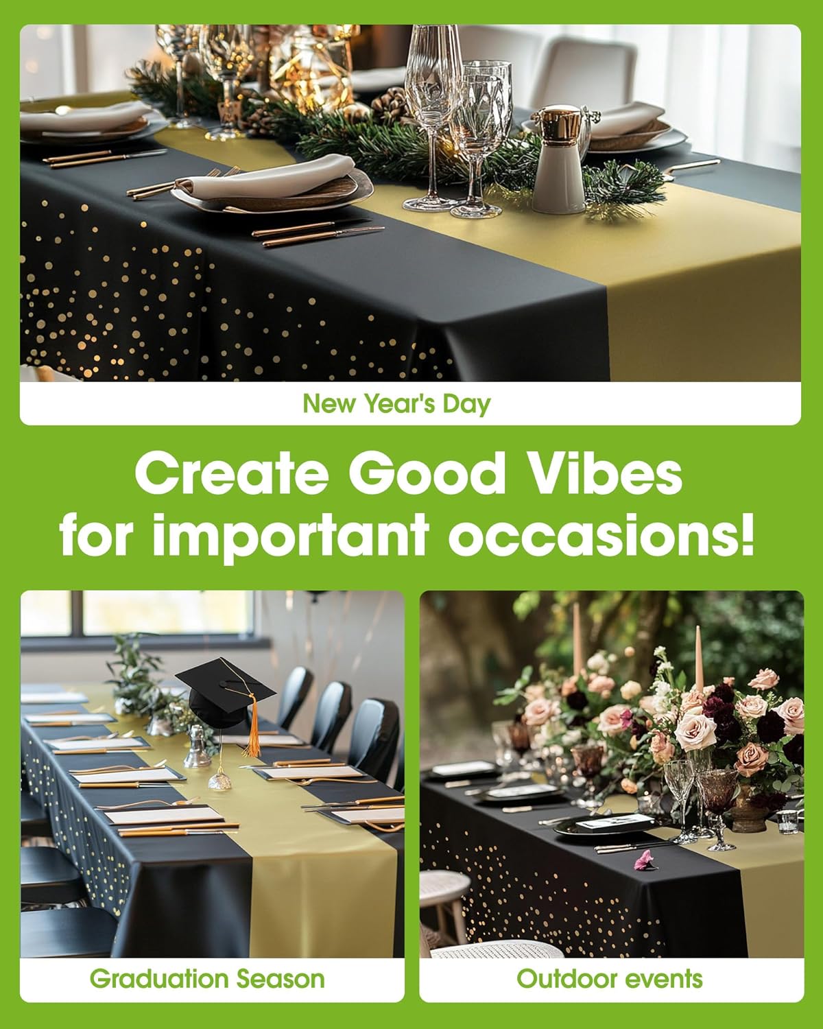 Pureegg Disposable Plastic Tablecloths - 10 Pack, 54 x 108 Inch, Sturdy Leakproof Design, Black Gold