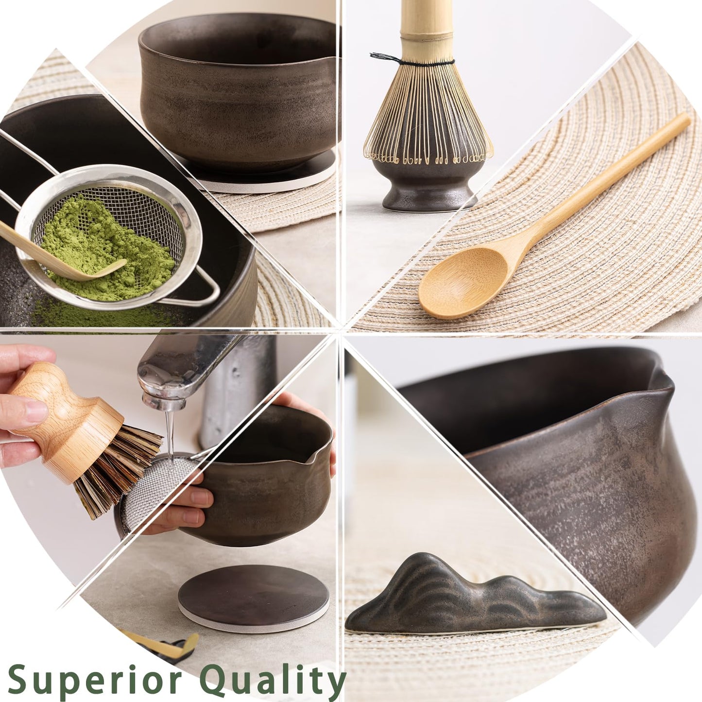 Ochcahser Matcha Whisk Set, Matcha Bowl with Spout and Coaster, Matcha Whisk and Holder, Sifter, Scoop, Spoon, Cleaning Brush - 10 Pcs Complete Ceramic Matcha Kit