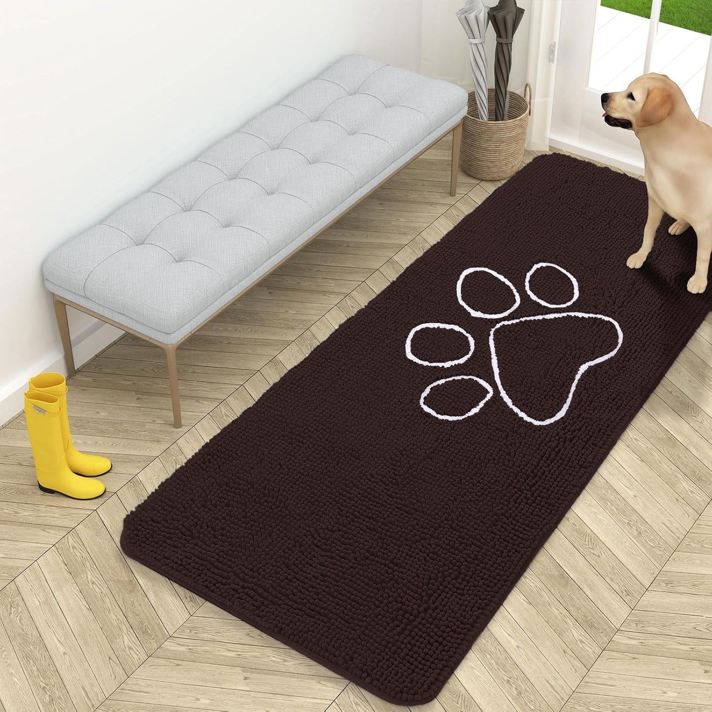 OLANLY Dog Door Mat - Absorbent Non-Slip Muddy Paws Mat | 59x24 Paw Print Design in Brown