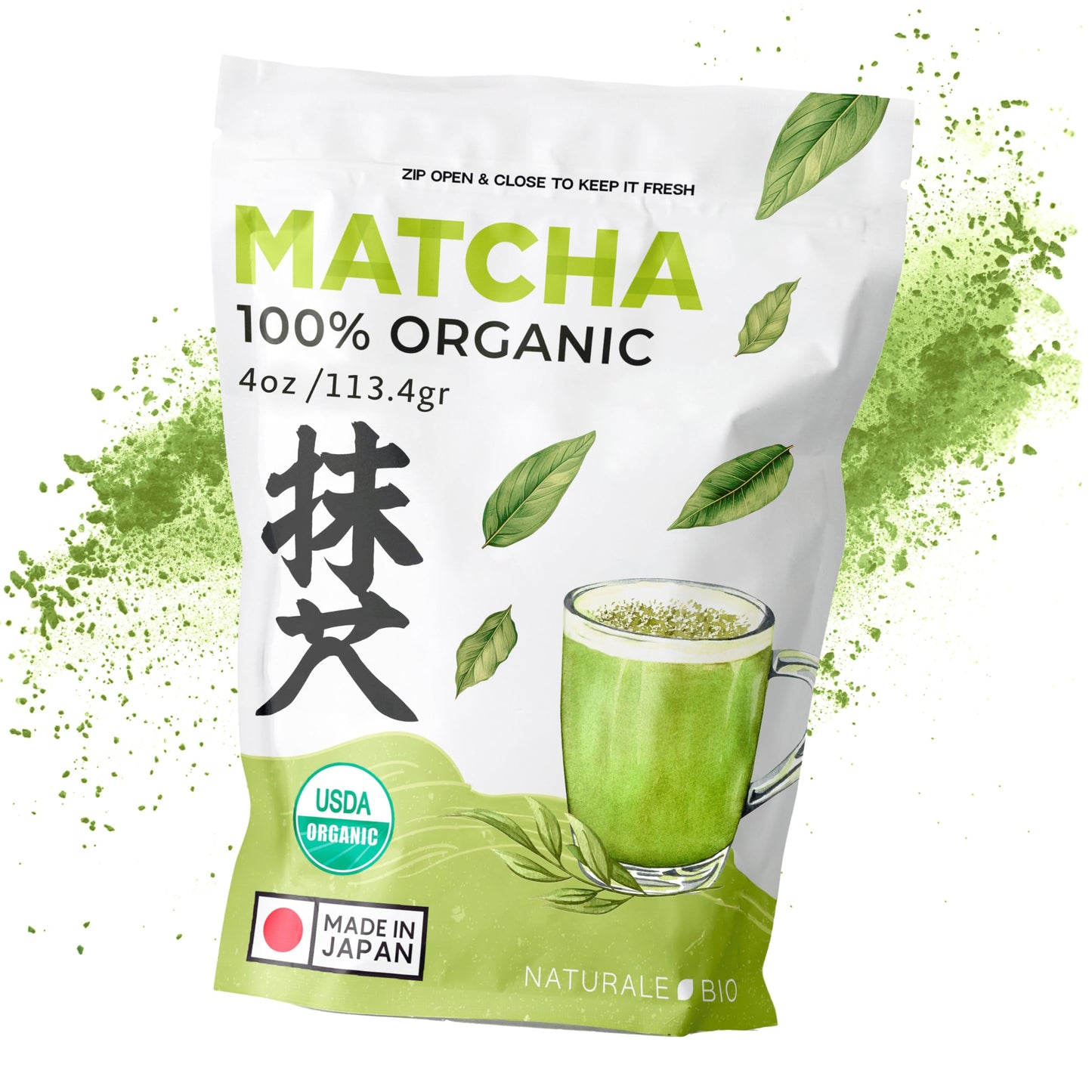 NaturaleBio Matcha Powder, 4oz - Harvested in Japan - USDA Organic Matcha Green Tea Powder - Vegan & Vegetarian Friendly