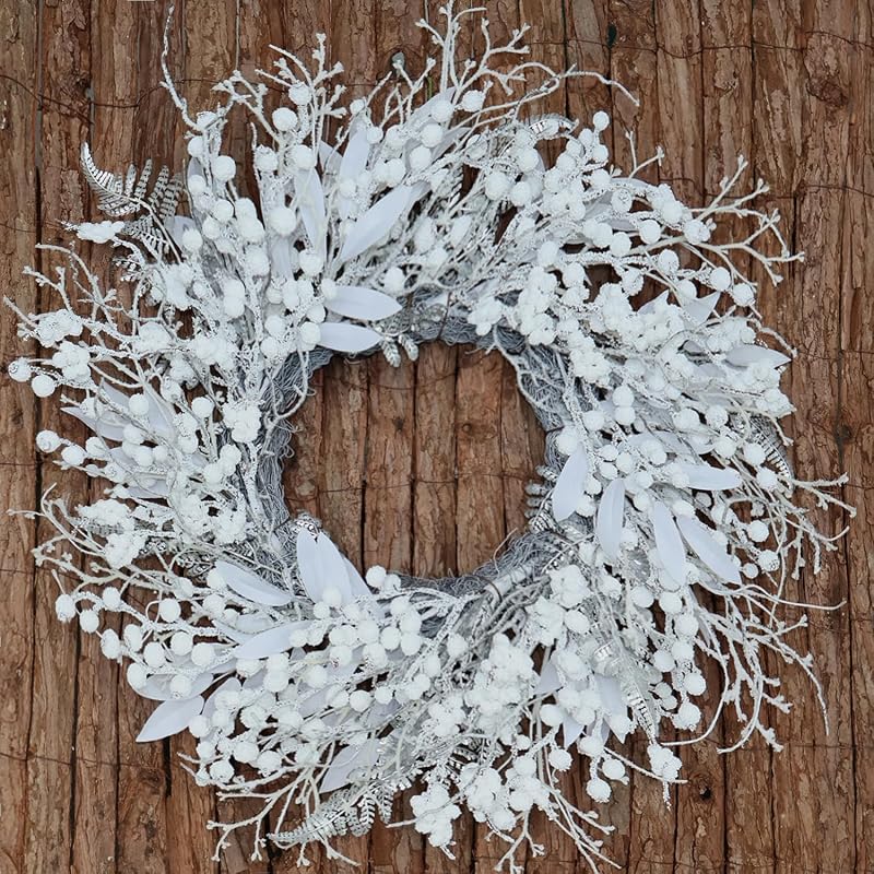 20 Inch Snow Flocked Wreath with White Berries, Leaves & Twigs - Front Door & Outdoor Decor (Variation: 20"-flocked berries)