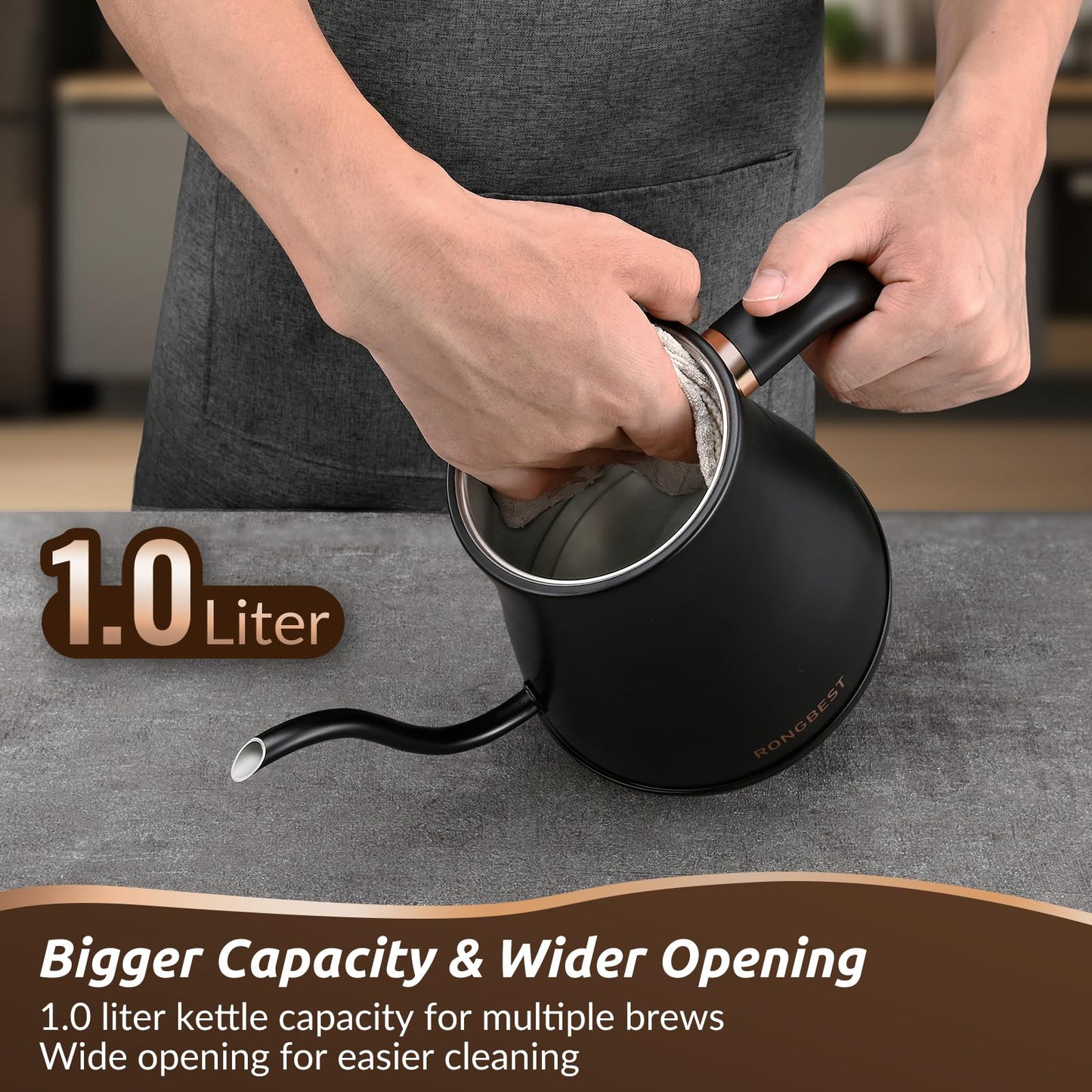 RONGBEST Electric Gooseneck Kettle, 1200W, 6 Temperature Settings, Stainless Steel Inner Lid & Bottom, 1L Quick Heating Pour Over Kettle for Coffee & Tea, Matte Black