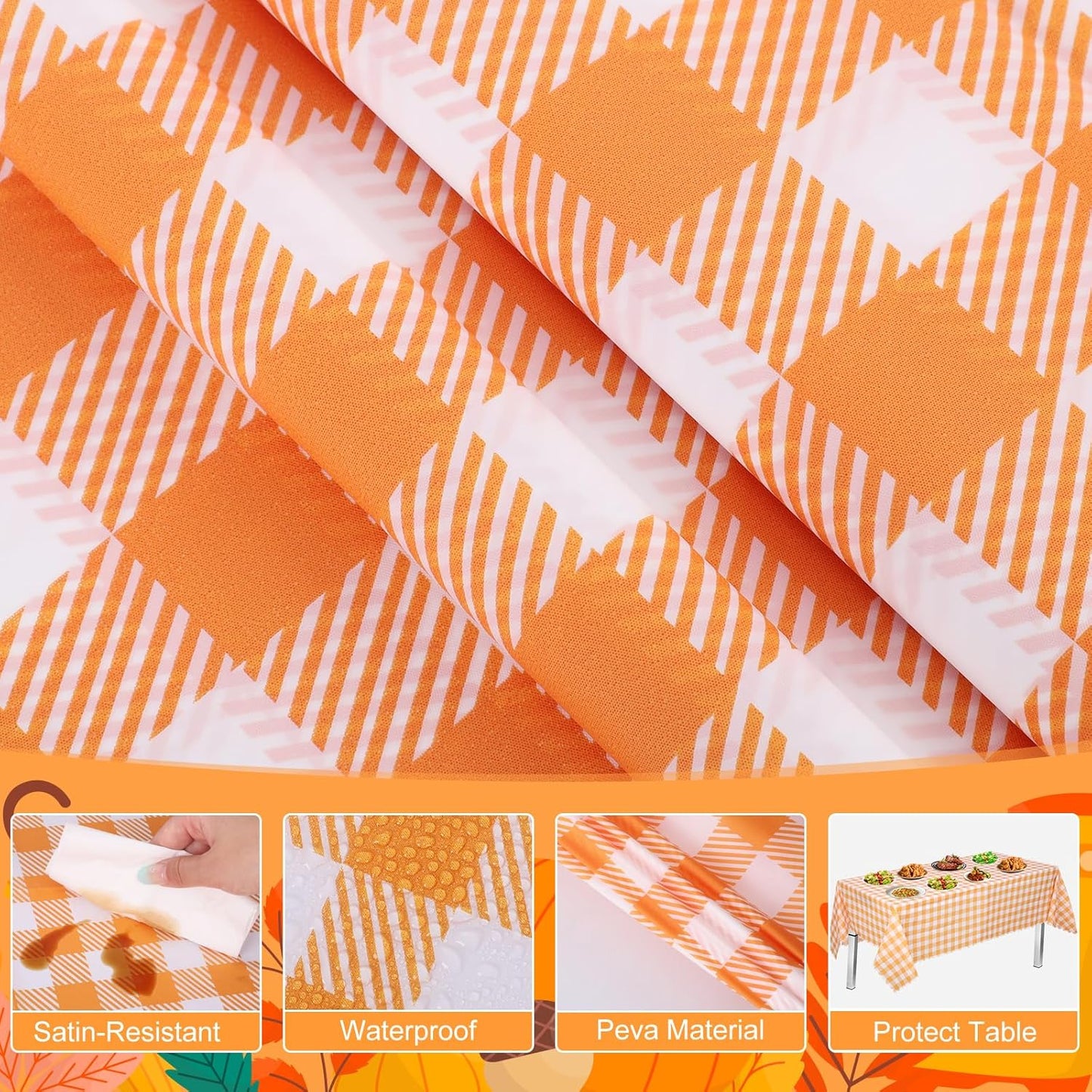 Orange Gingham Tablecloths by [Brand Name] - 3 Pack Disposable Waterproof Checkered Covers | 54 x 108 Inch for Parties