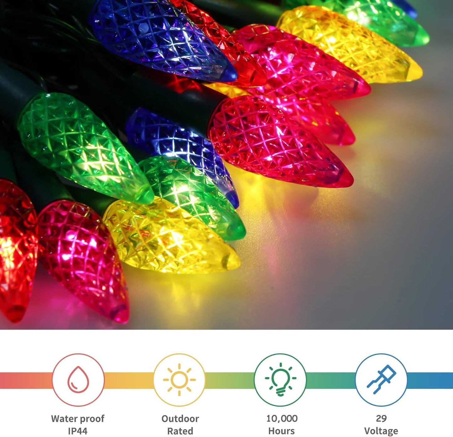 WATERGLIDE Christmas Lights - 33ft 100 LED Multicolor Faceted String Lights | Waterproof & 8 Modes