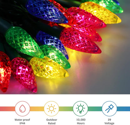 WATERGLIDE Christmas Lights - 33ft 100 LED Multicolor Faceted String Lights | Waterproof & 8 Modes