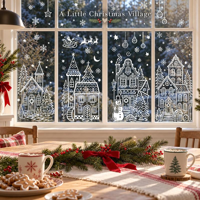Christmas Village Window Clings – 4 Sheets 15.59 x 26.97 in Each, Winter White House Decor