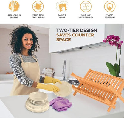 Bambusi Collapsible Bamboo Dish Drying Rack - Eco-Friendly 2-Tier Foldable Drainer for Kitchen Countertop