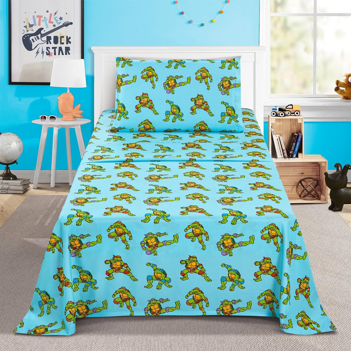 Teenage Mutant Ninja Turtles Bedding Set Twin Bed - Bundle with TMNT Bedspread, Flat Sheet, Fitted Sheet, and Pillowcase Plus Posters, Tattoos, More | TMNT Bedroom Set Twin