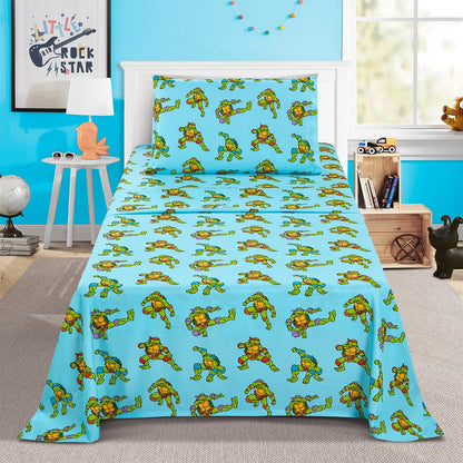 Teenage Mutant Ninja Turtles Bedding Set Twin Bed - Bundle with TMNT Bedspread, Flat Sheet, Fitted Sheet, and Pillowcase Plus Posters, Tattoos, More | TMNT Bedroom Set Twin