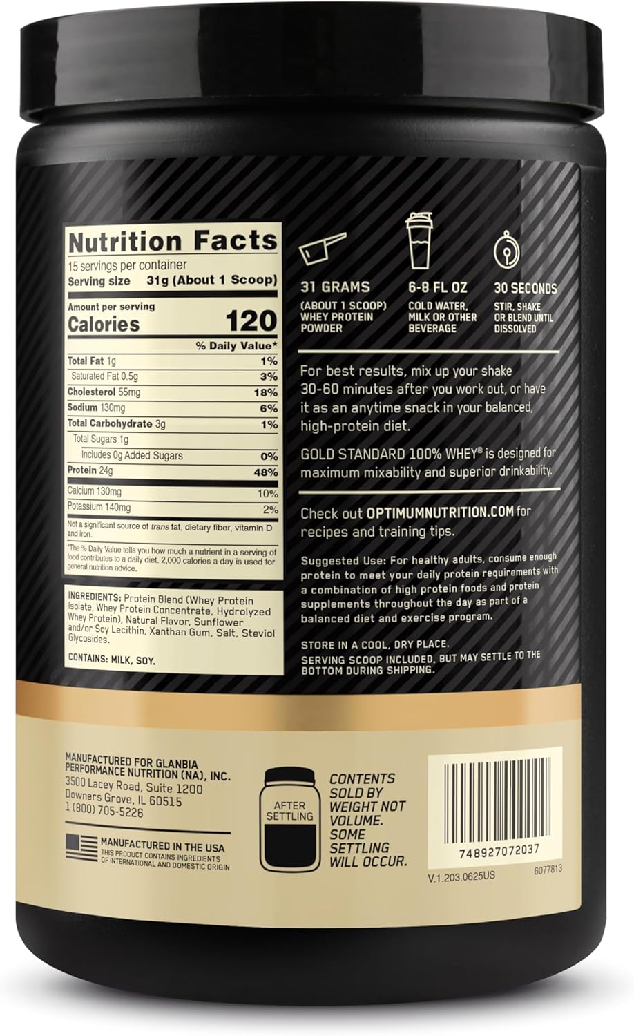 Optimum Nutrition Gold Standard Whey Protein Powder - Naturally Flavored Vanilla, 15 Servings