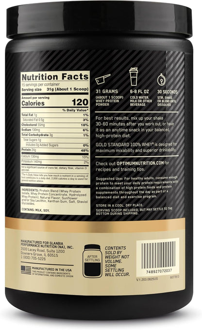 Optimum Nutrition Gold Standard Whey Protein Powder - Naturally Flavored Vanilla, 15 Servings