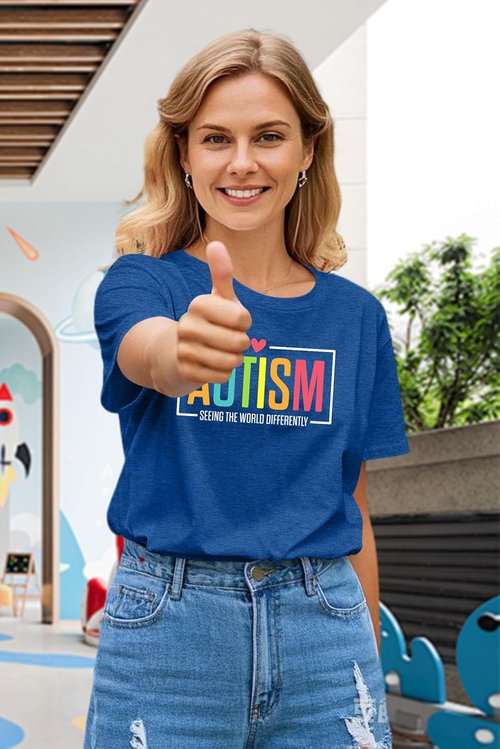 Ithalt Autism Awareness Shirt - Women's Blue T-Shirt for Autistic Moms | Puzzle Piece Design, Short Sleeve